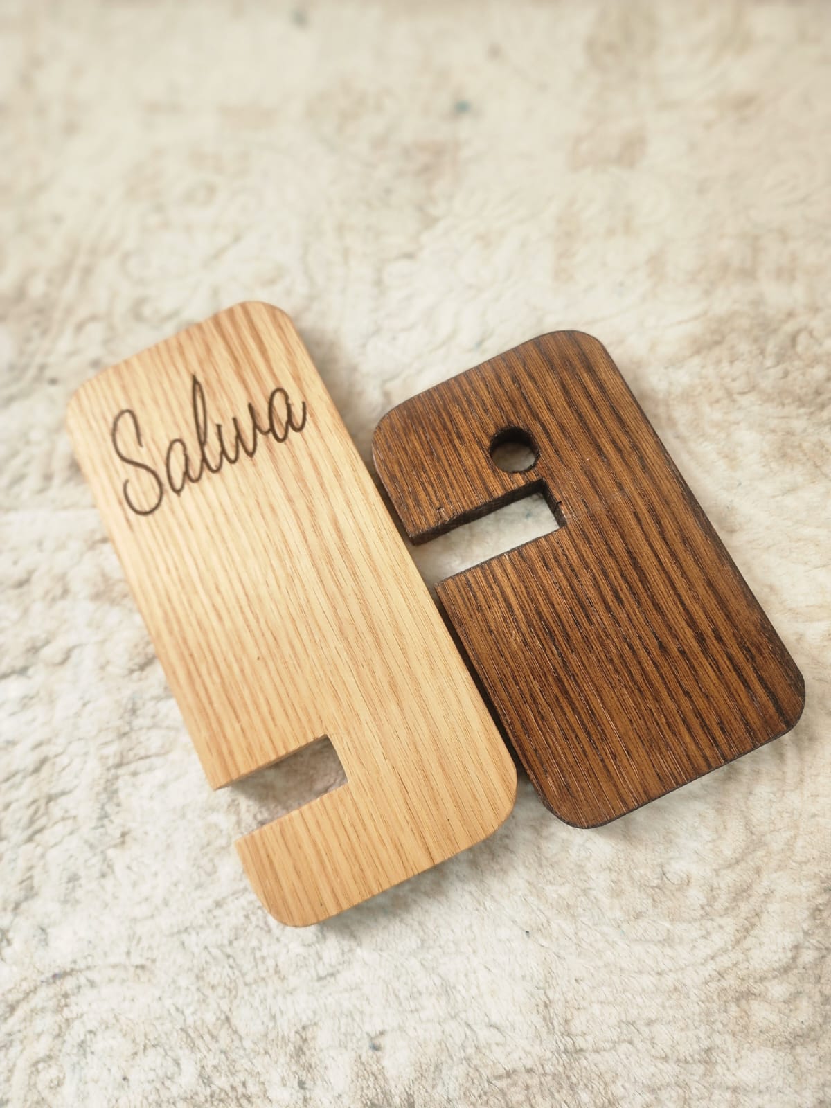 Engraved oak phone stand