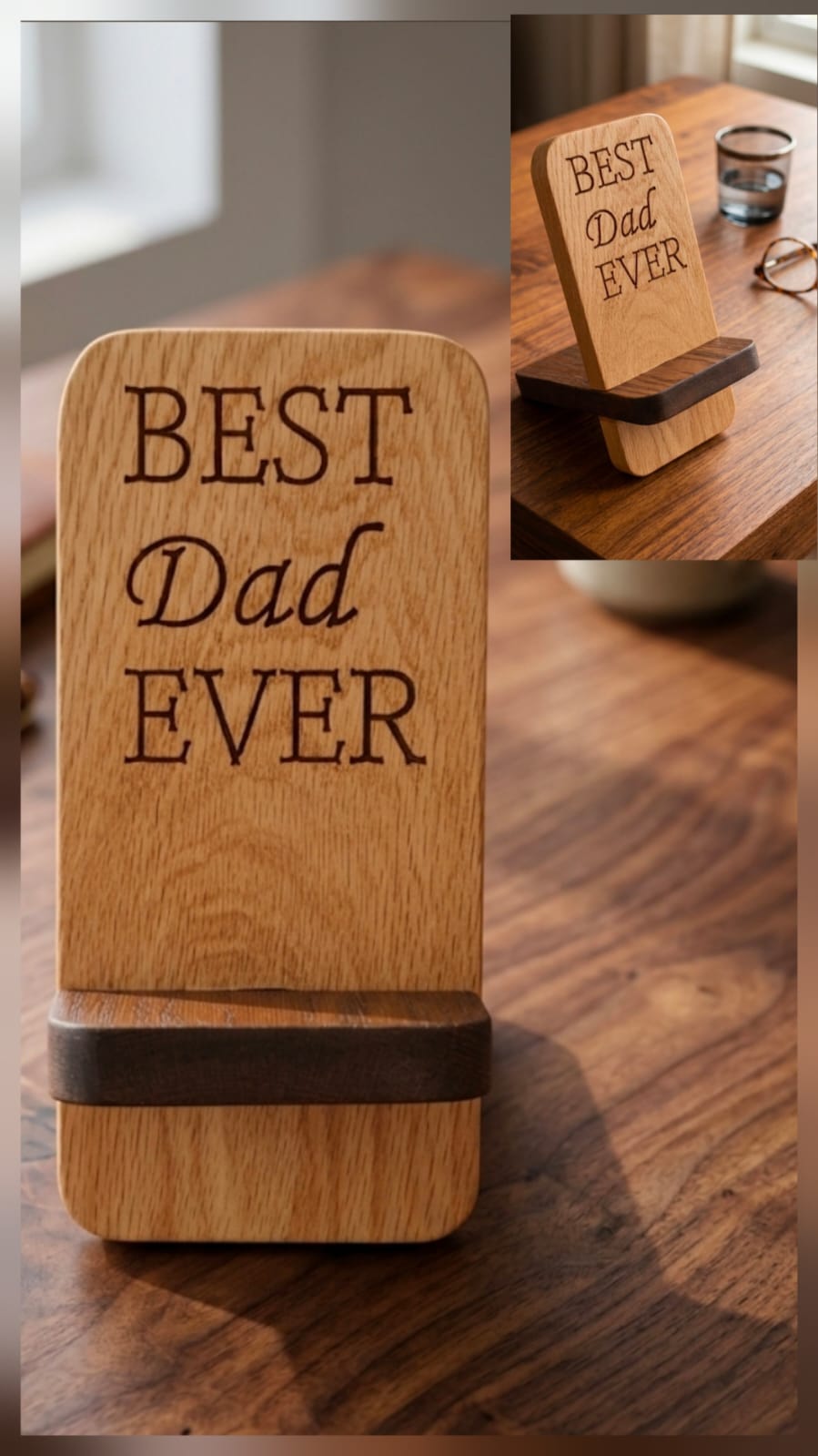 Engraved oak phone stand